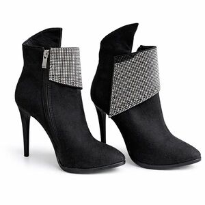 ✨ Atalina Black Rhinestone Cuff High Heel Booties – Size 6